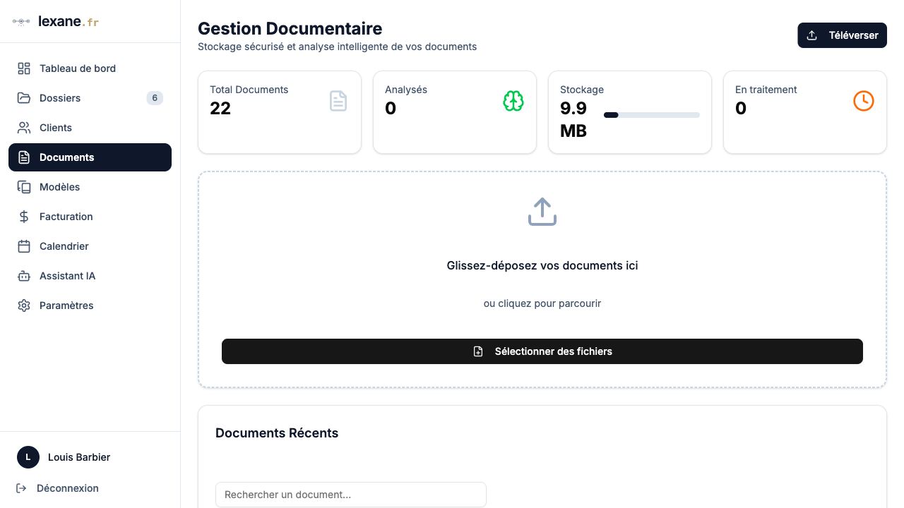 Page Documents avec la zone d'import