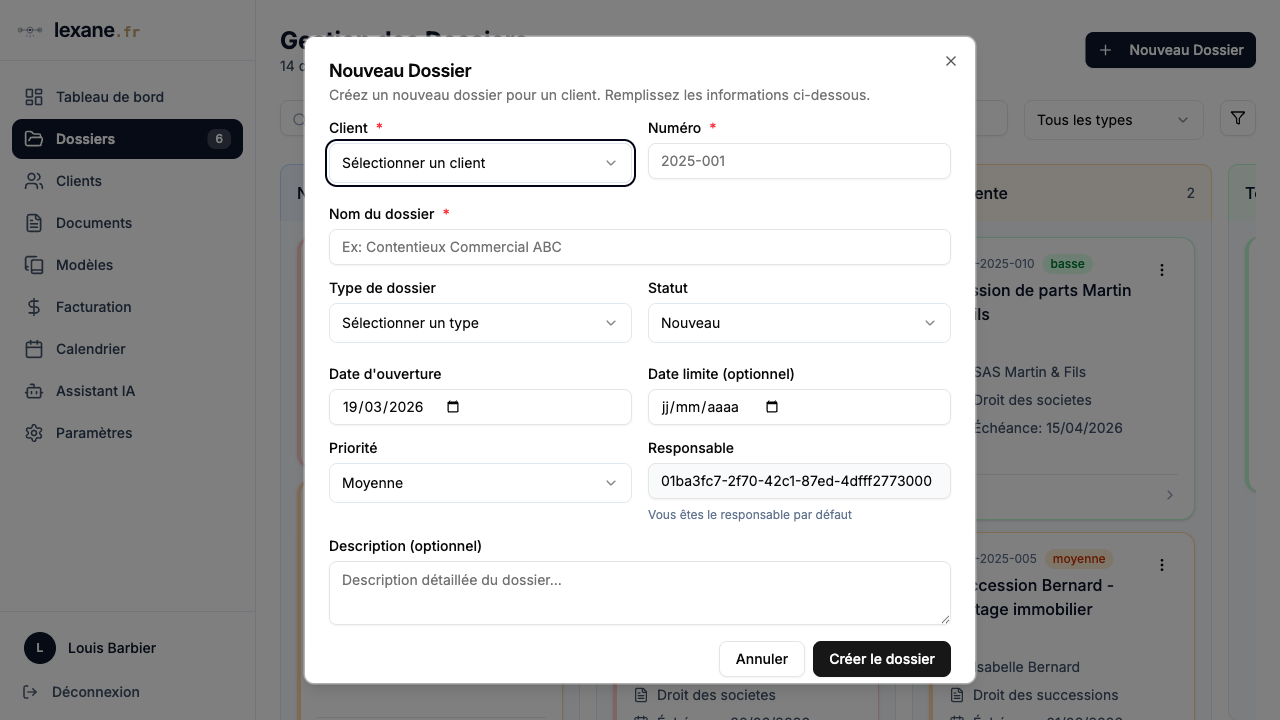 Formulaire de création d'un nouveau dossier
