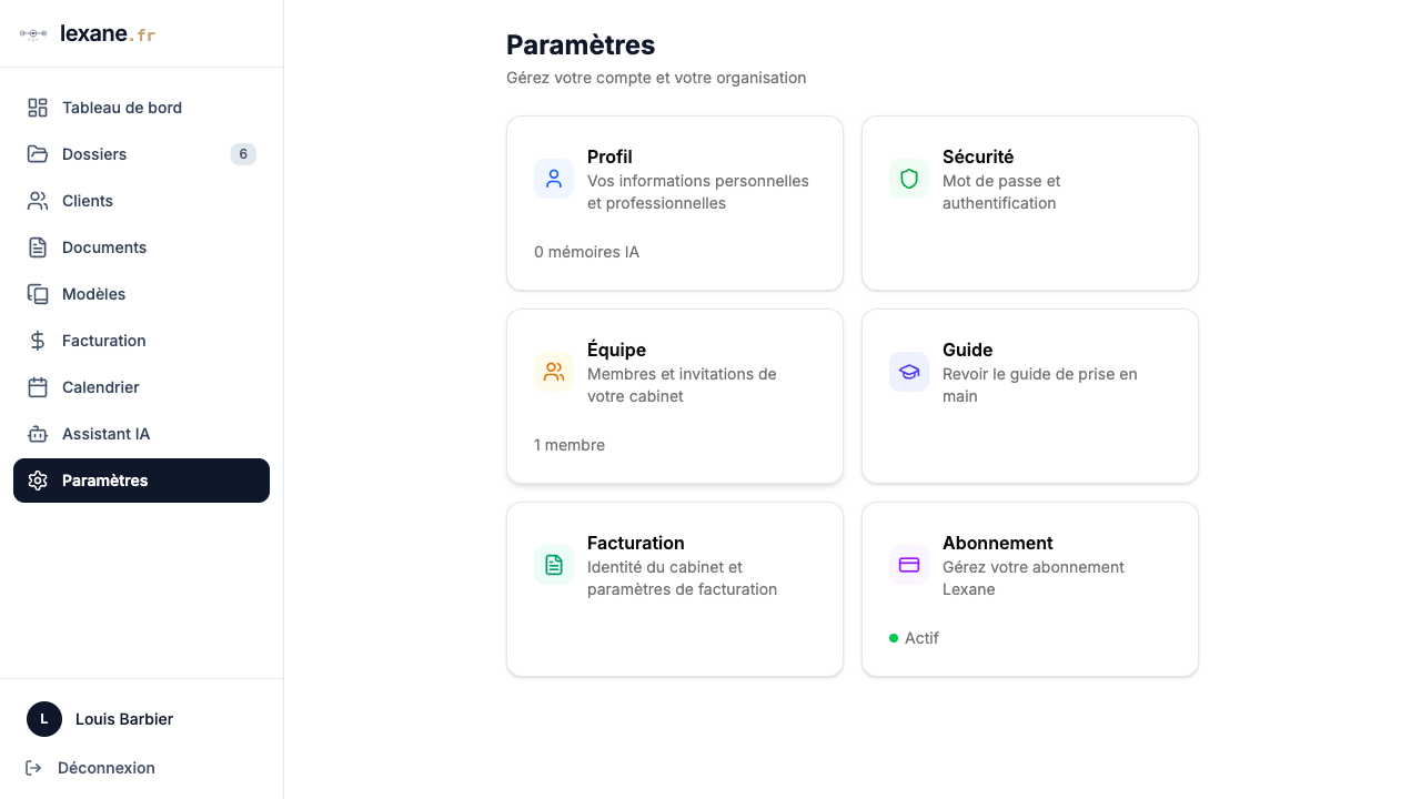 Page des paramètres